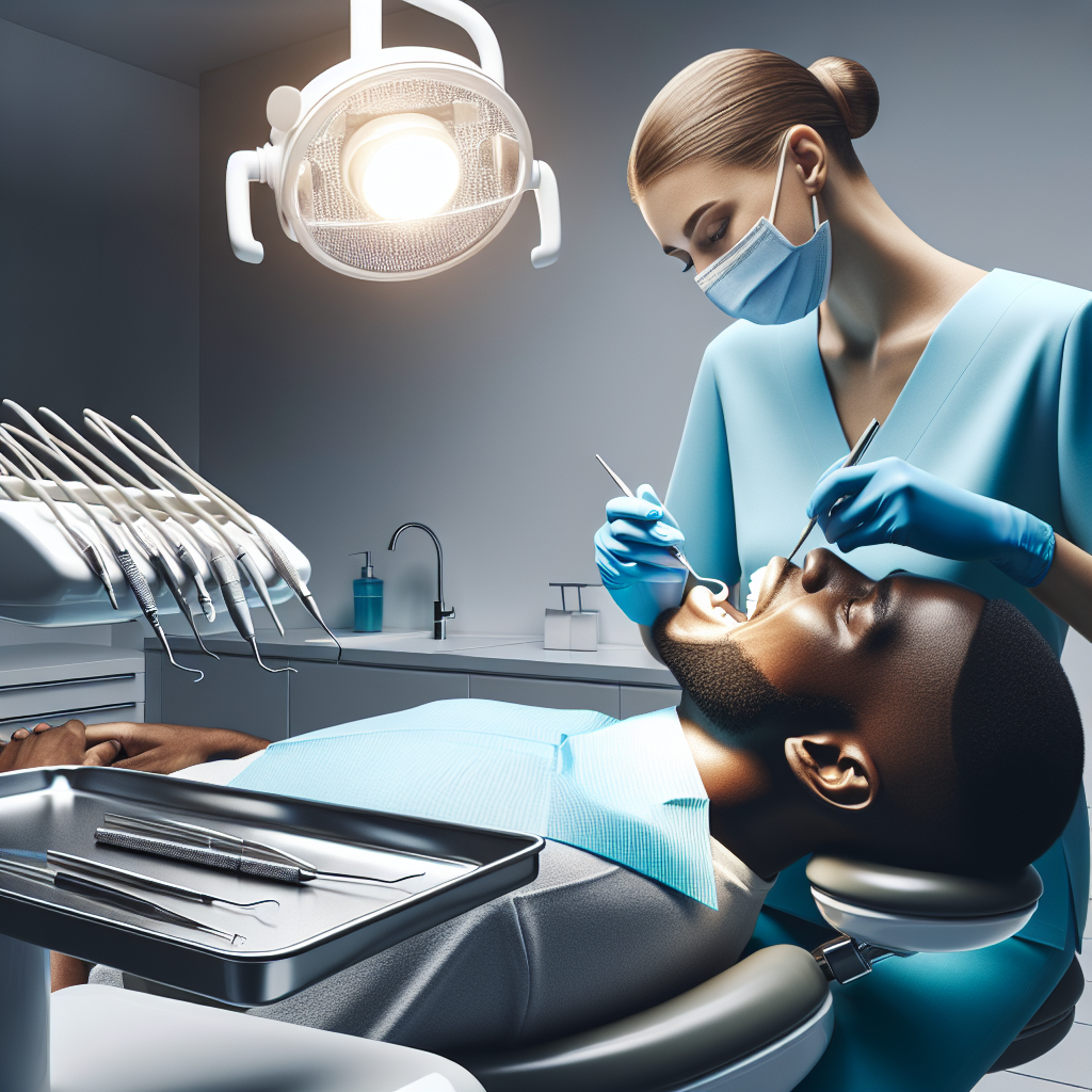 Dental hygienist cleaning a patient's teeth in a dentist's office.