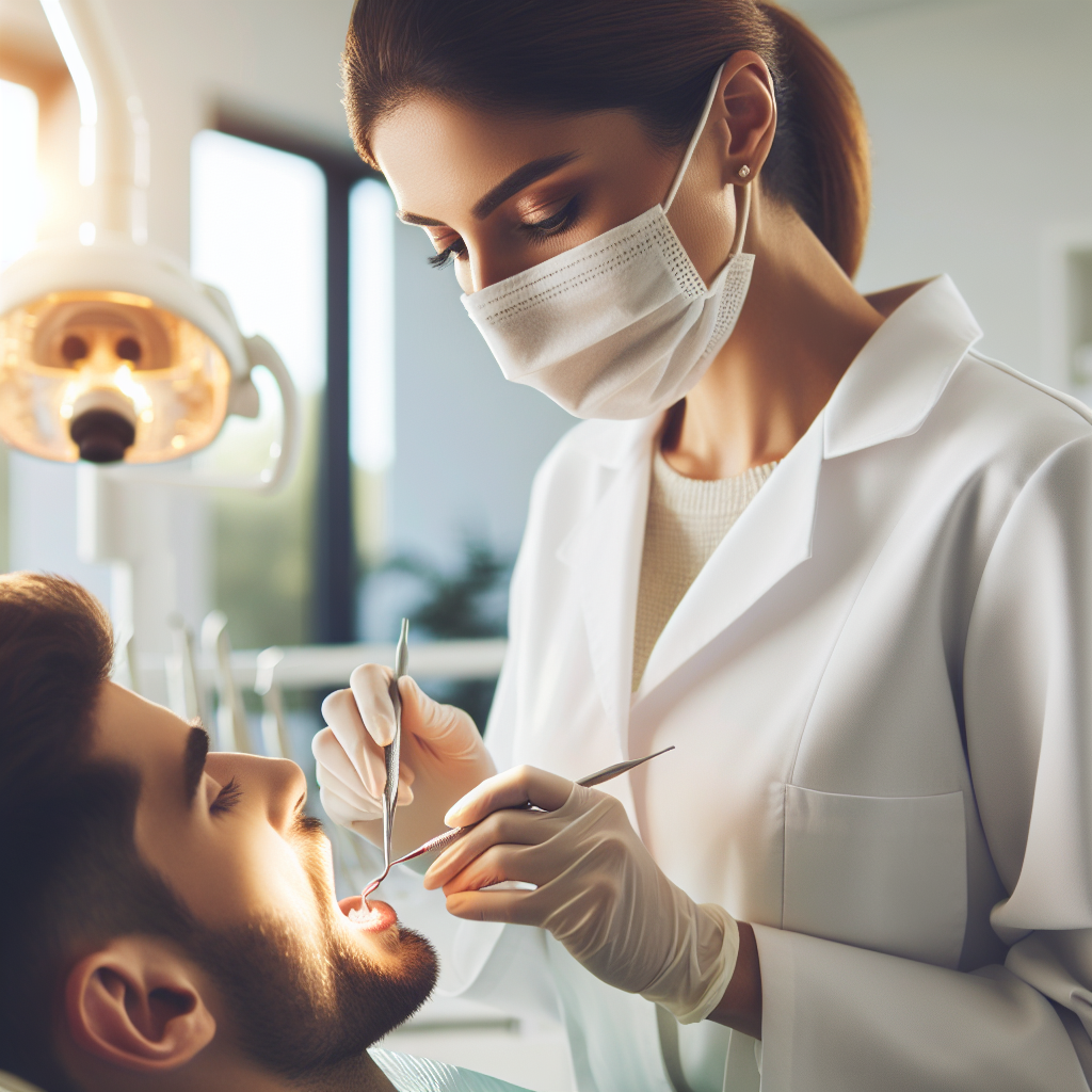 Dental hygienist performing a basic dental cleaning on a patient in a modern dental office.