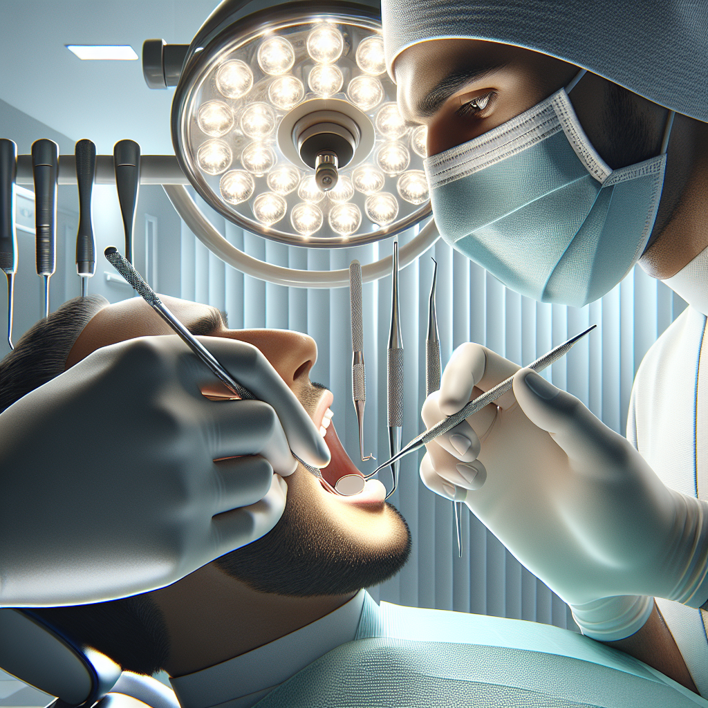 Dental hygienist performing teeth cleaning, showcasing dental tools and sterile office environment.