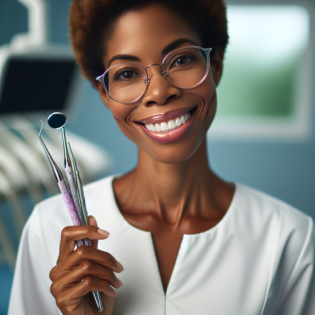 Realistic portrait of a dental hygienist holding cleaning tools in a clinic setting.