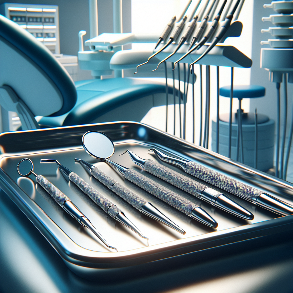 A dental setting with instruments for deep cleaning on a metallic tray and modern dental equipment in the background.