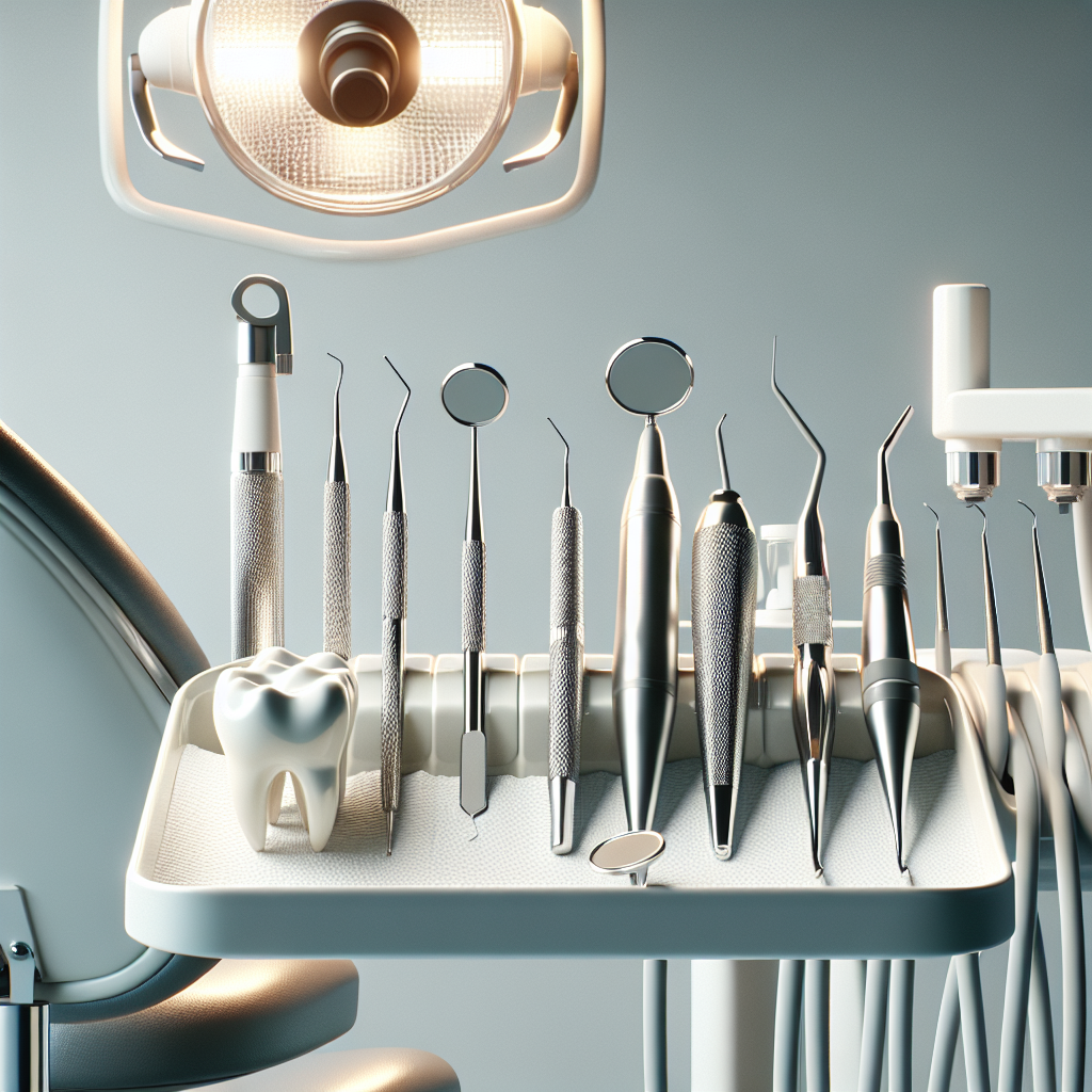 Close-up of dental tools in a modern dentist's office, showing a clean and professional setting.