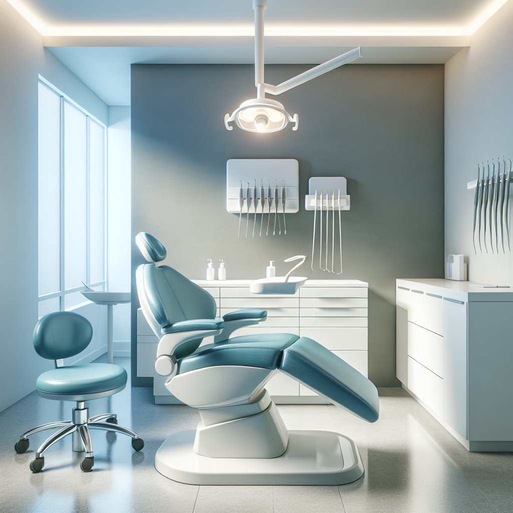 A modern dental office interior showcasing an examination room with dental chair and equipment.