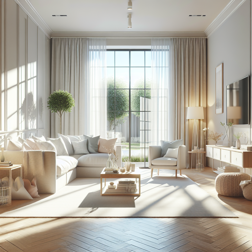 A clean, organized living room with natural light flooding through large windows, illustrating the concept of professional house cleaning services.