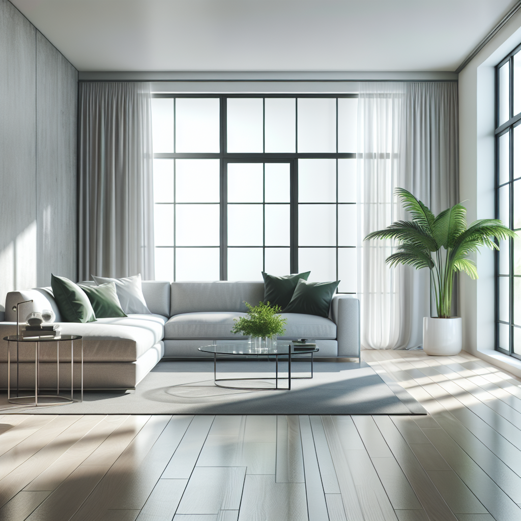 A modern, clean, and minimalist living room, showcasing professional cleaning with large windows and natural light.