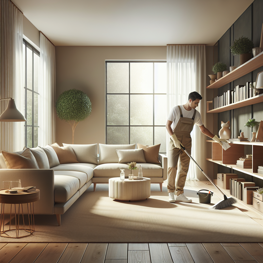 A professional cleaner working in a modern, well-lit living room interior.