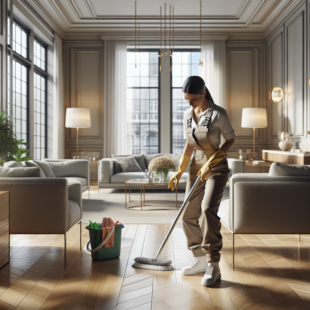 Professional cleaner in a modern, spotless living room.