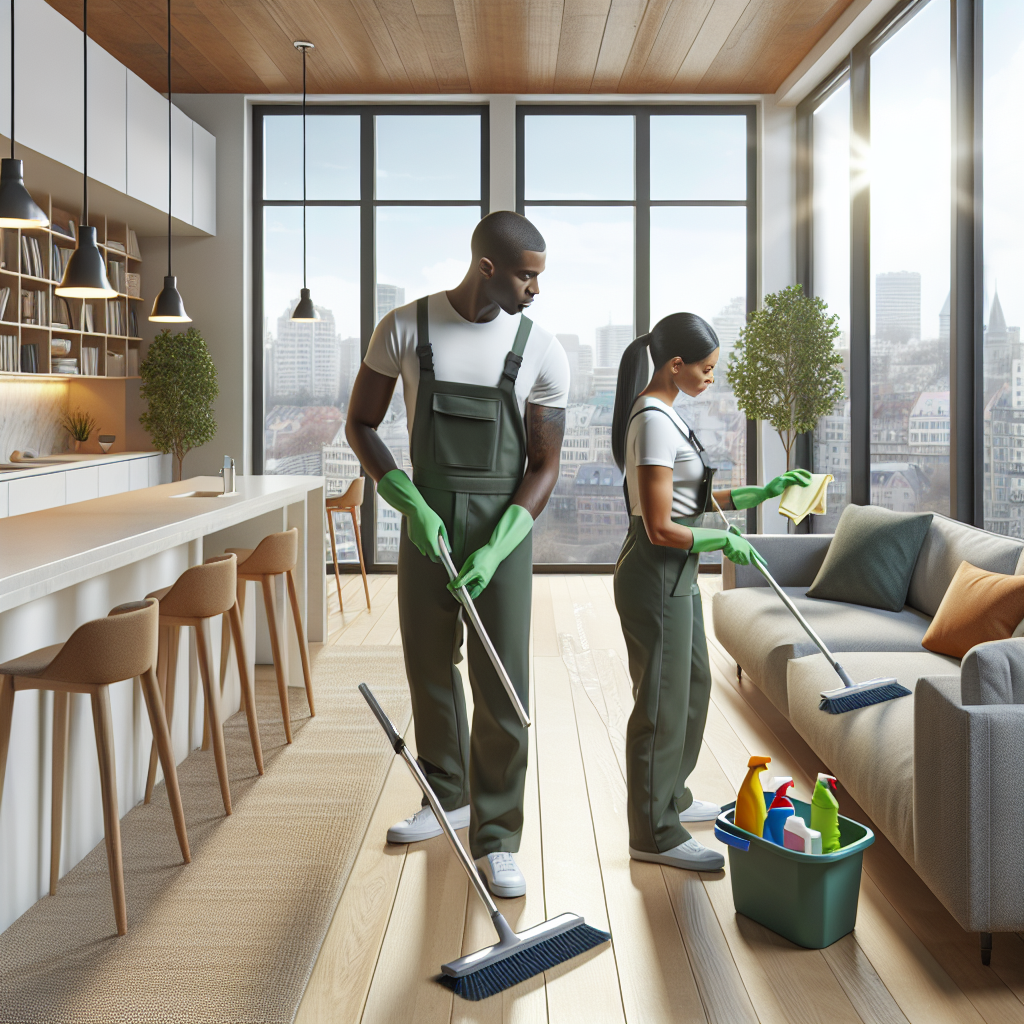 Professional cleaning team meticulously cleaning a modern living room.