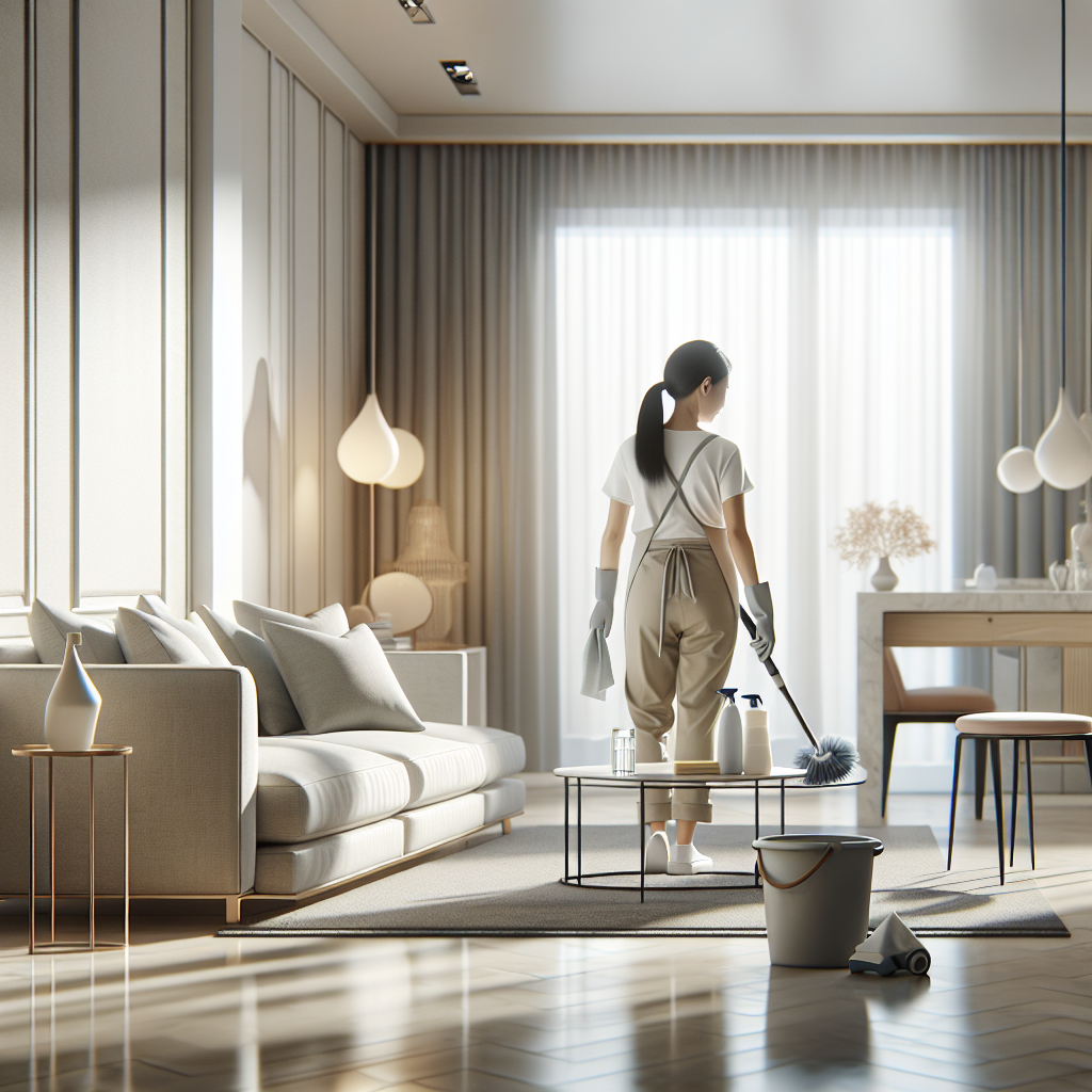 A professional cleaner in a modern, spotless living room demonstrating eco-friendly cleaning methods.