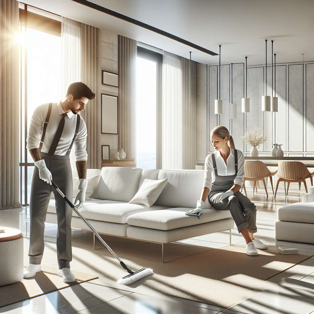 Professional cleaners tidying an immaculate modern living room.