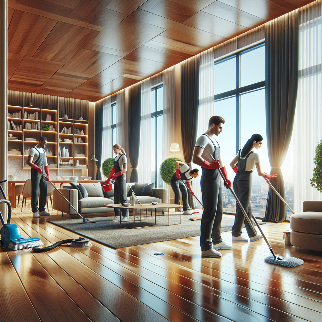 Professional cleaning team working in a modern, clean living room filled with natural light.