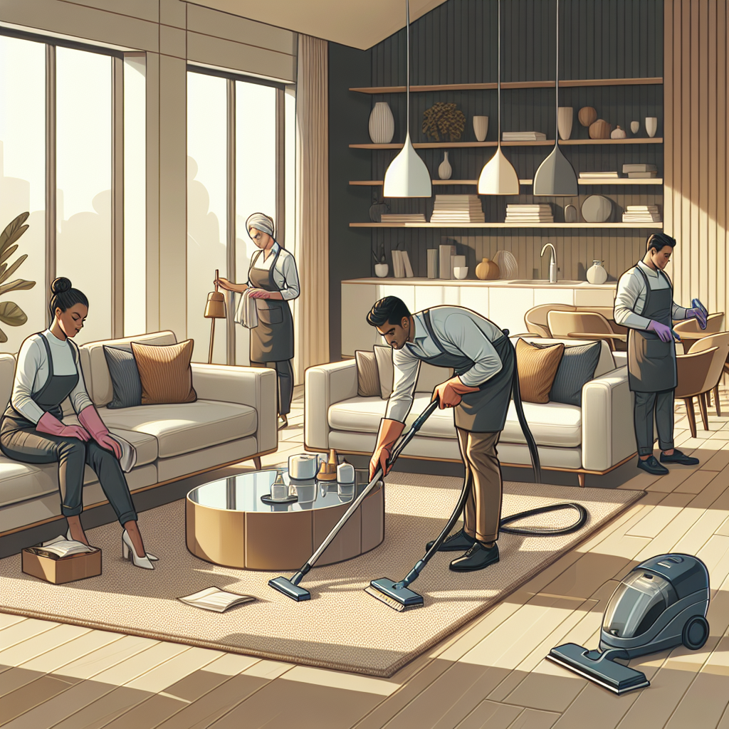 House cleaning service team working in a modern, spotless living room.