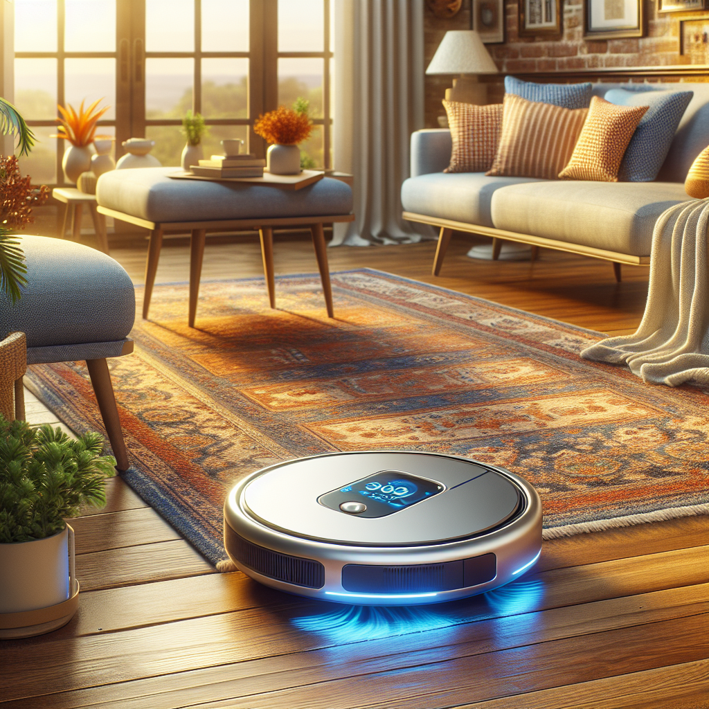 A modern house cleaning robot in an Indian living room, showcasing advanced design and navigation.