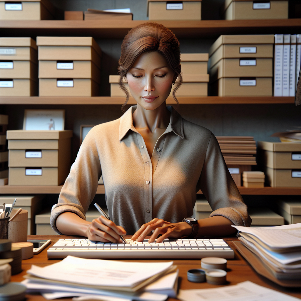 Professional organizer arranging storage boxes in an organized home office.