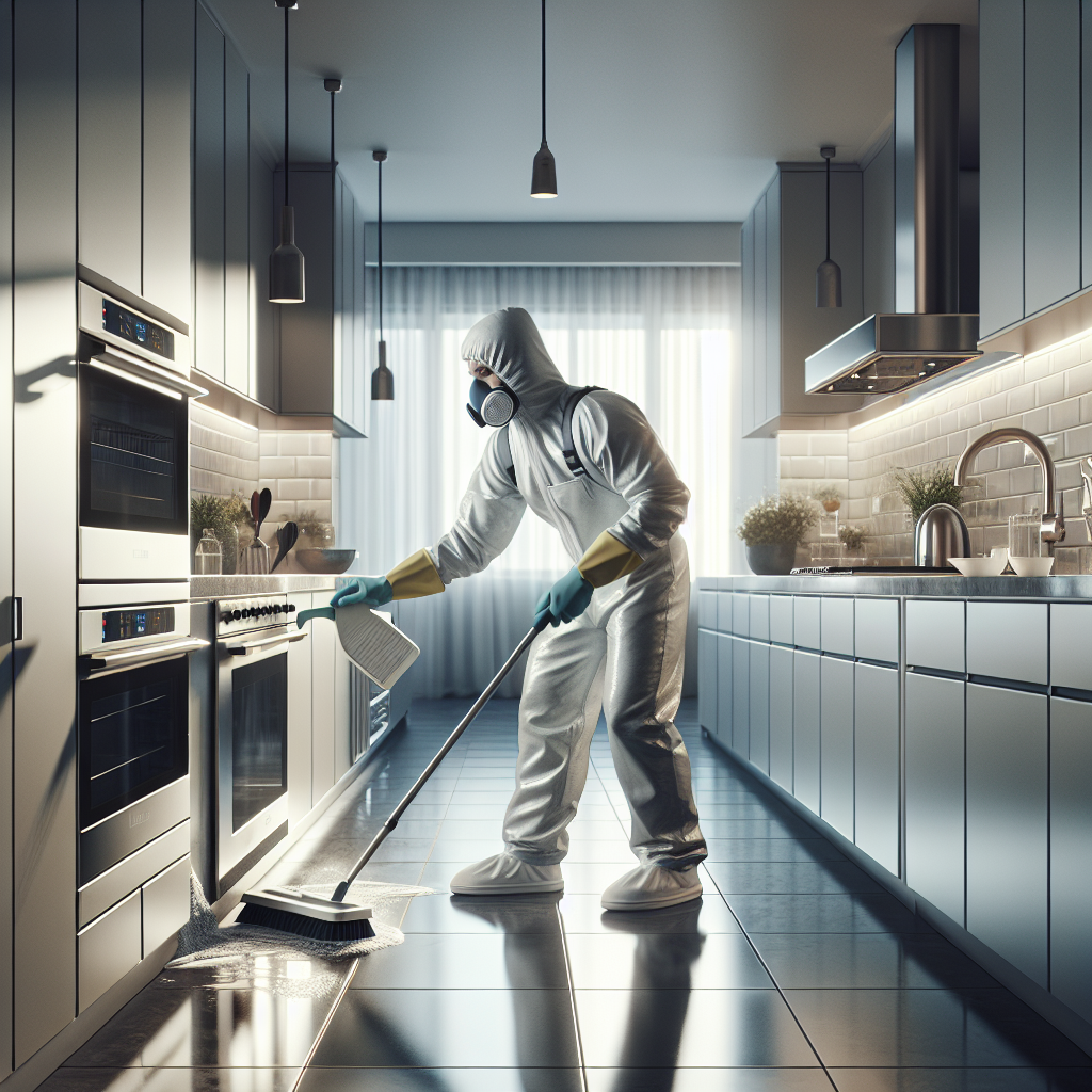 A detailed, realistic image of a modern kitchen being deep cleaned, focusing on cleaning appliances and surfaces.
