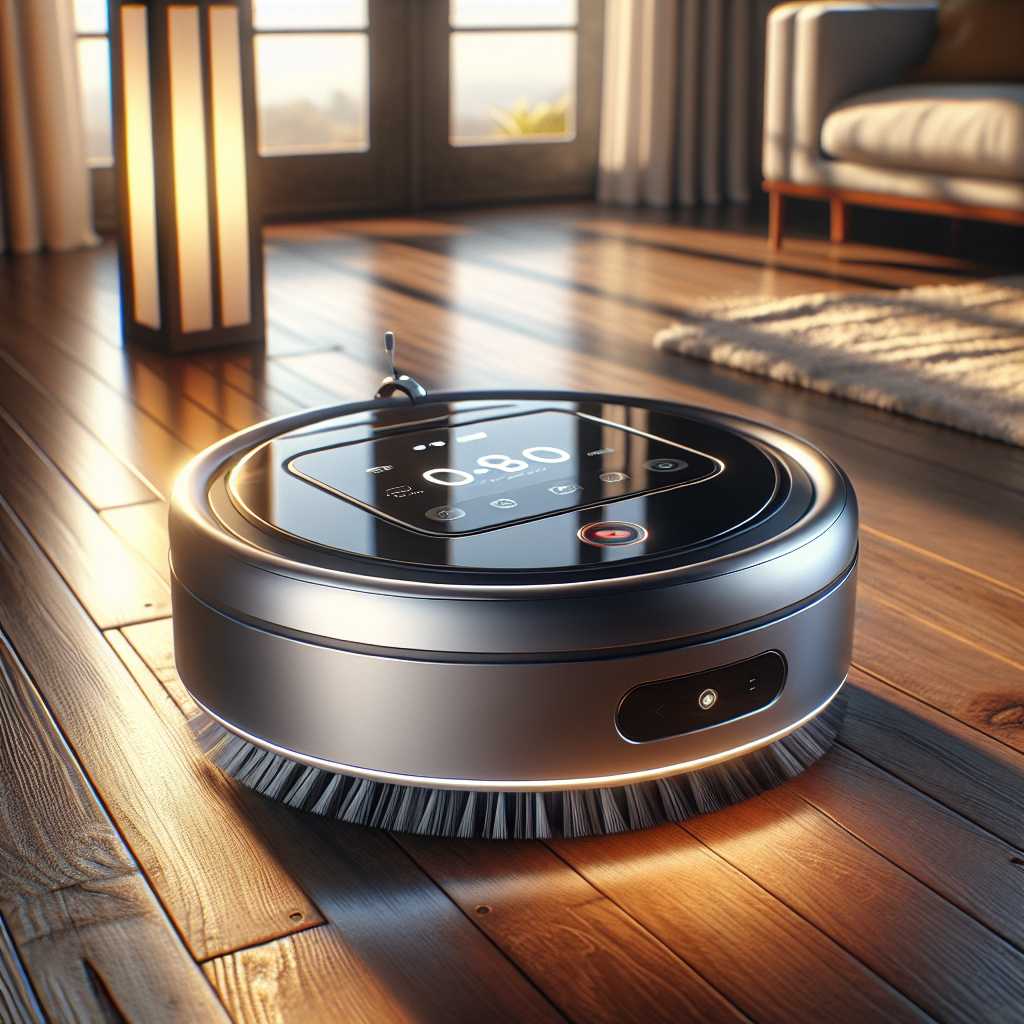 A modern house cleaning robot on a hardwood floor near a carpet and a floor lamp.
