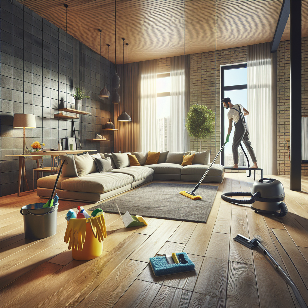 Living room being deep cleaned, showcasing cleaning tools and a focus on cleanliness and detail.