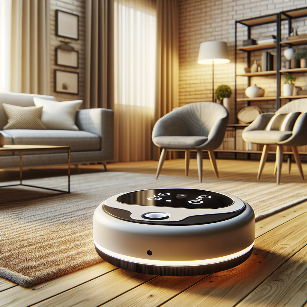 A modern house cleaning robot in a contemporary living room.