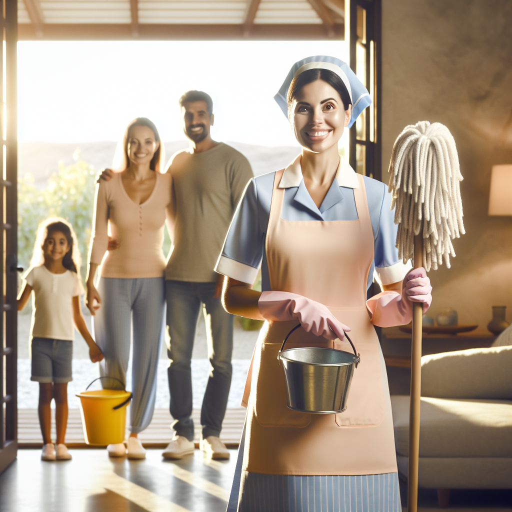 Cleaning professional welcoming a family at their home entrance, with cleaning tools, in a cozy, inviting setting.