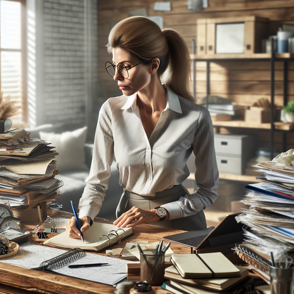 Professional organizer assessing a cluttered home office, conveying transformation and order.