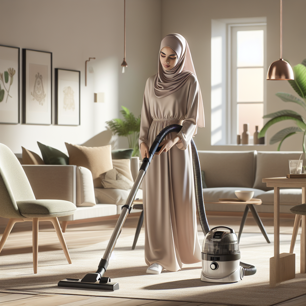A woman vacuuming a modern, organized living room.