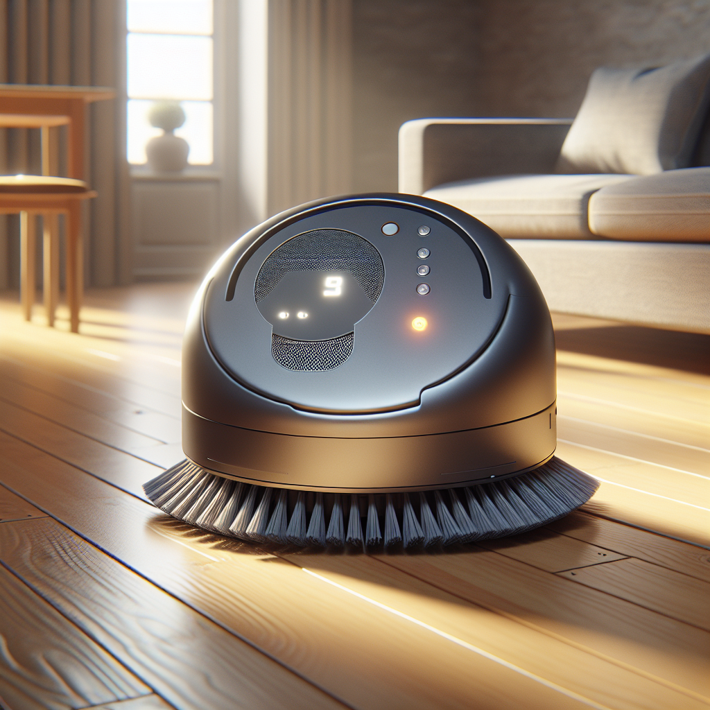 A house cleaning robot autonomously navigating on a hardwood floor in an Indian home.