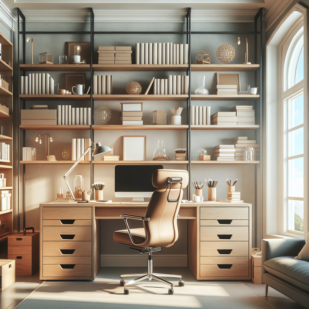 A neat and organized home office with a wooden desk, ergonomic chair, and arranged shelves.
