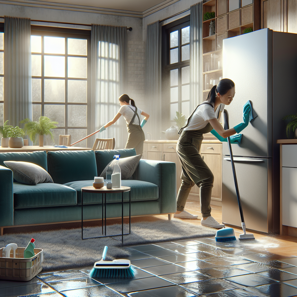A residential living room being deep cleaned with a focus on scrubbing and dusting hard-to-reach areas.