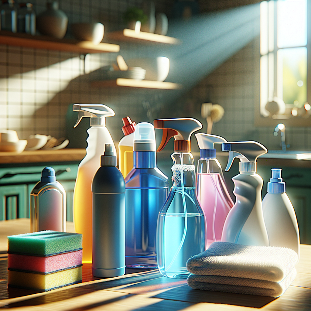 Various cleaning supplies on a kitchen countertop, including bottles and a microfiber cloth.