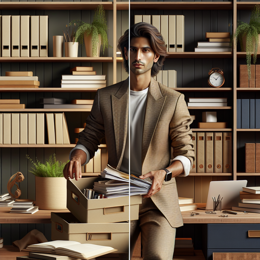 A professional organizer tidying a home office bookshelf in a serene setting.