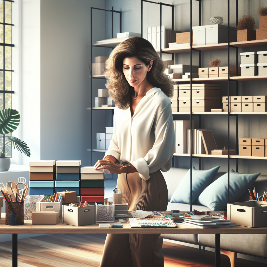 A professional organizer in a clutter-free home office, arranging items on a desk.