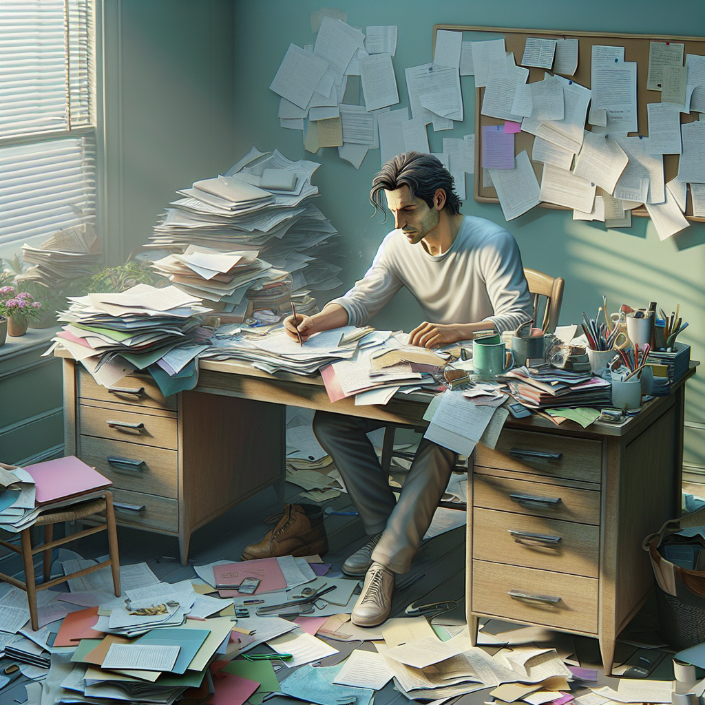 A cluttered workspace showing the organizational challenges faced by a person with ADHD.