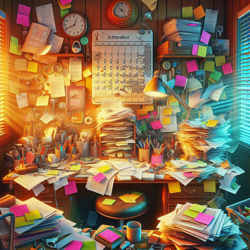 Cluttered workspace illustrating ADHD organizational challenges.