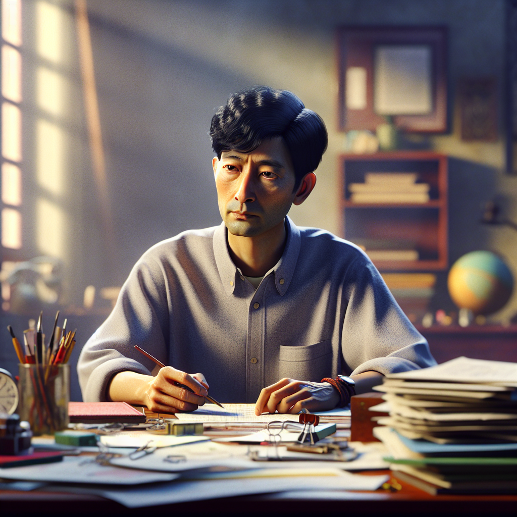 A person with short black hair at a cluttered desk, reflecting organizational challenges of ADHD.