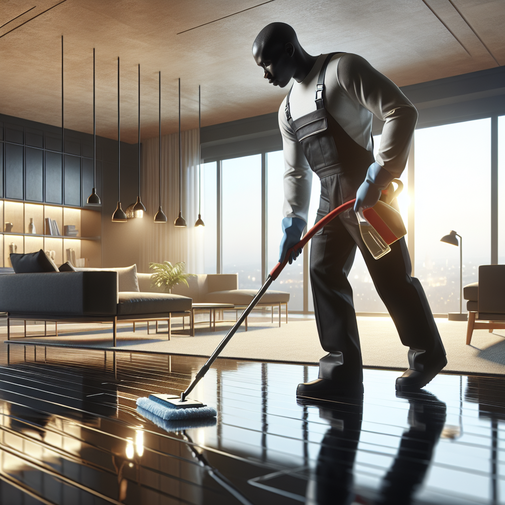Professional cleaner performing deep clean in a modern, pristine living room.