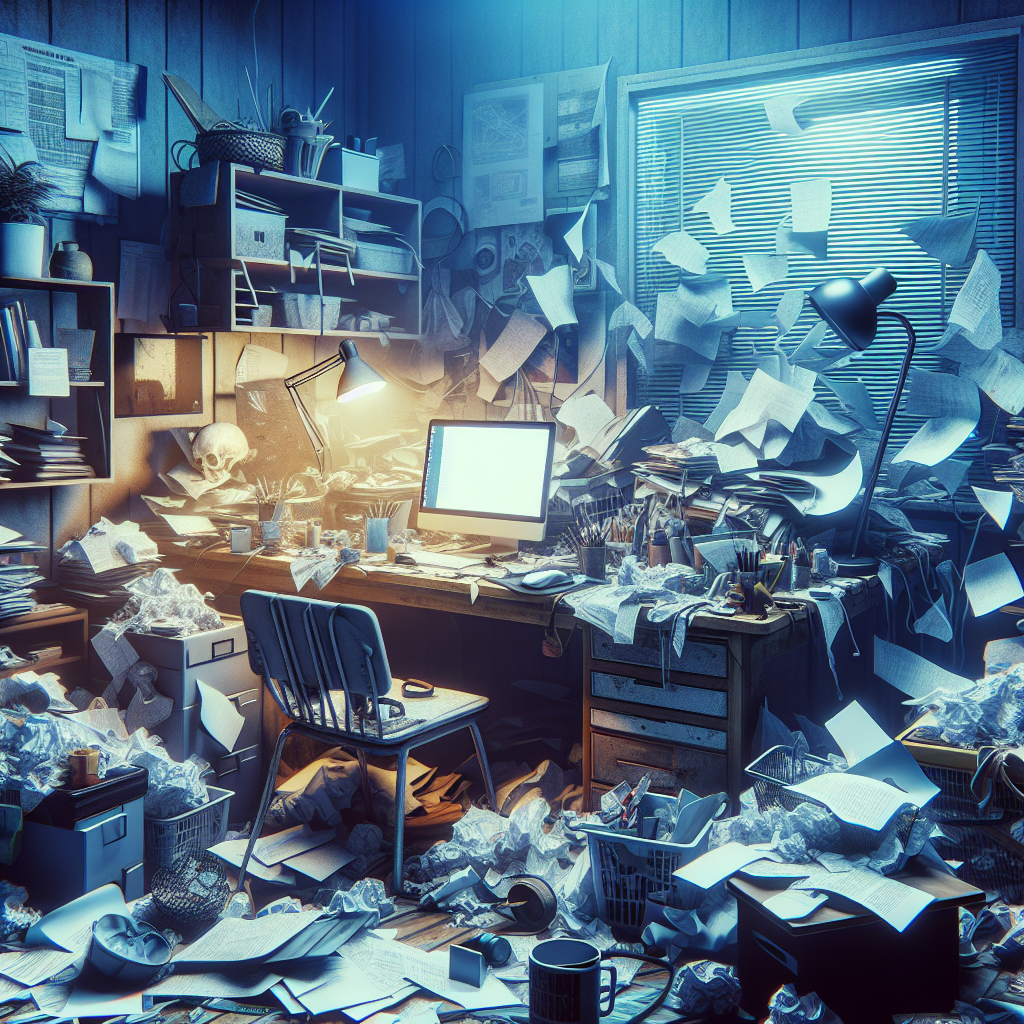 A cluttered workspace illustrating organizational challenges of ADHD.