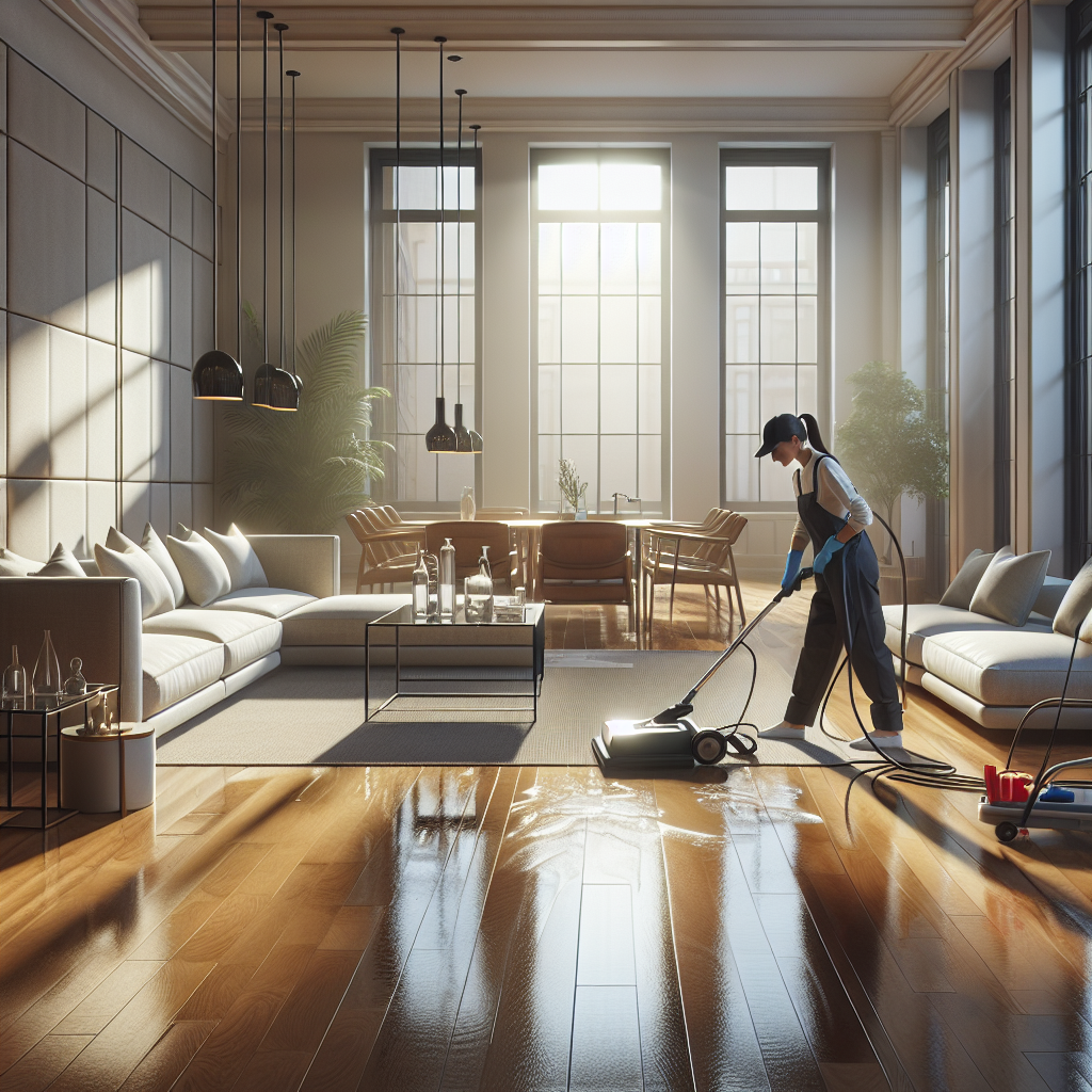 A professional deep cleaning a modern living room with advanced equipment, illuminated by natural light.