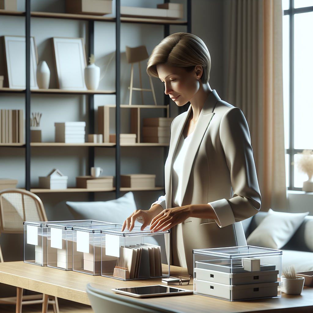 A professional organizer in a well-organized home office, showcasing order and functionality.
