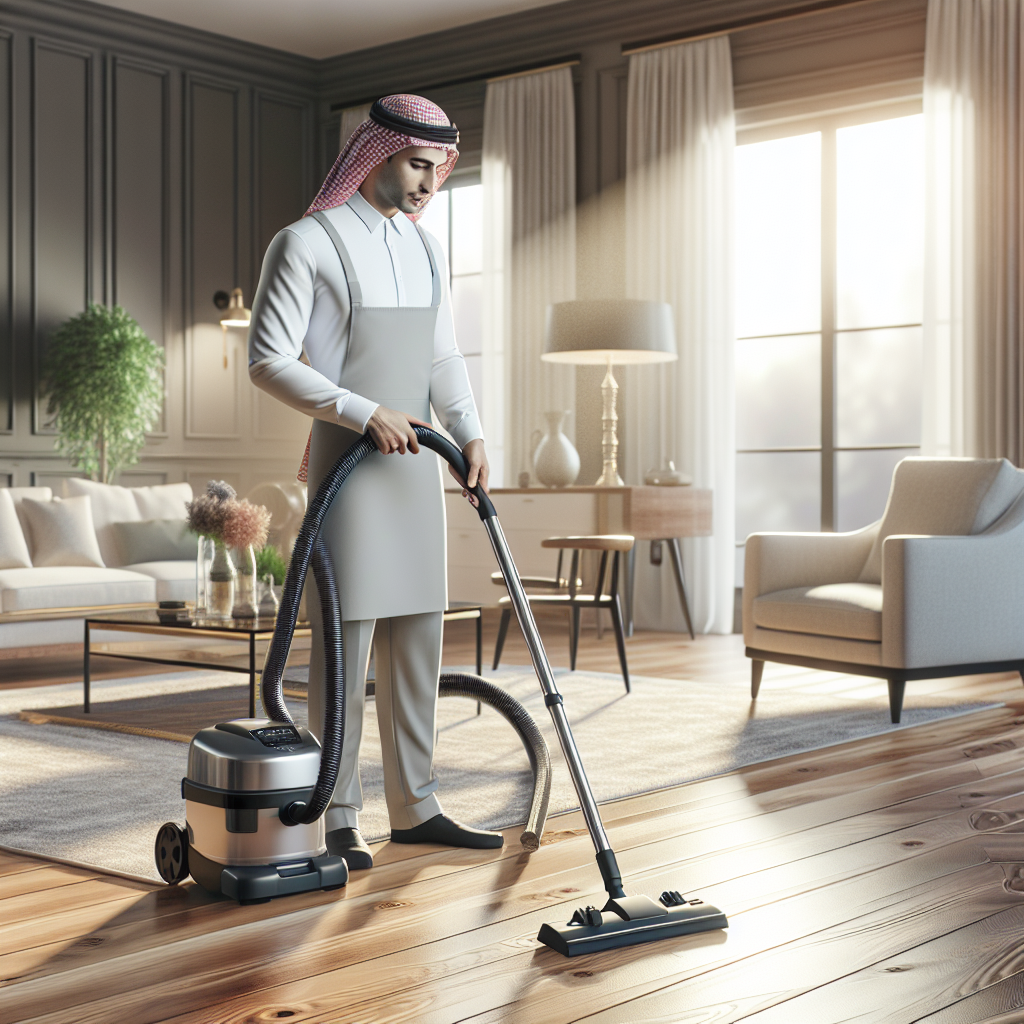 A modern home room with a person cleaning, showcasing the result of a professional deep cleaning service.