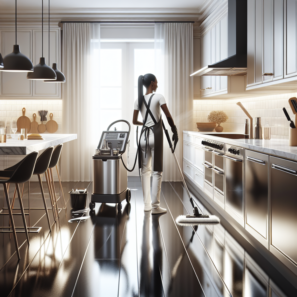 Professional deep cleaning service in a modern kitchen, showcasing a pristine and organized environment.
