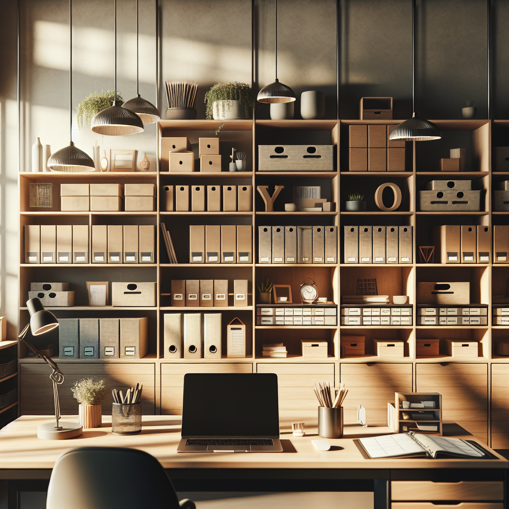A professional organizer's neatly organized workspace with shelves, boxes, desk, and minimal decor.