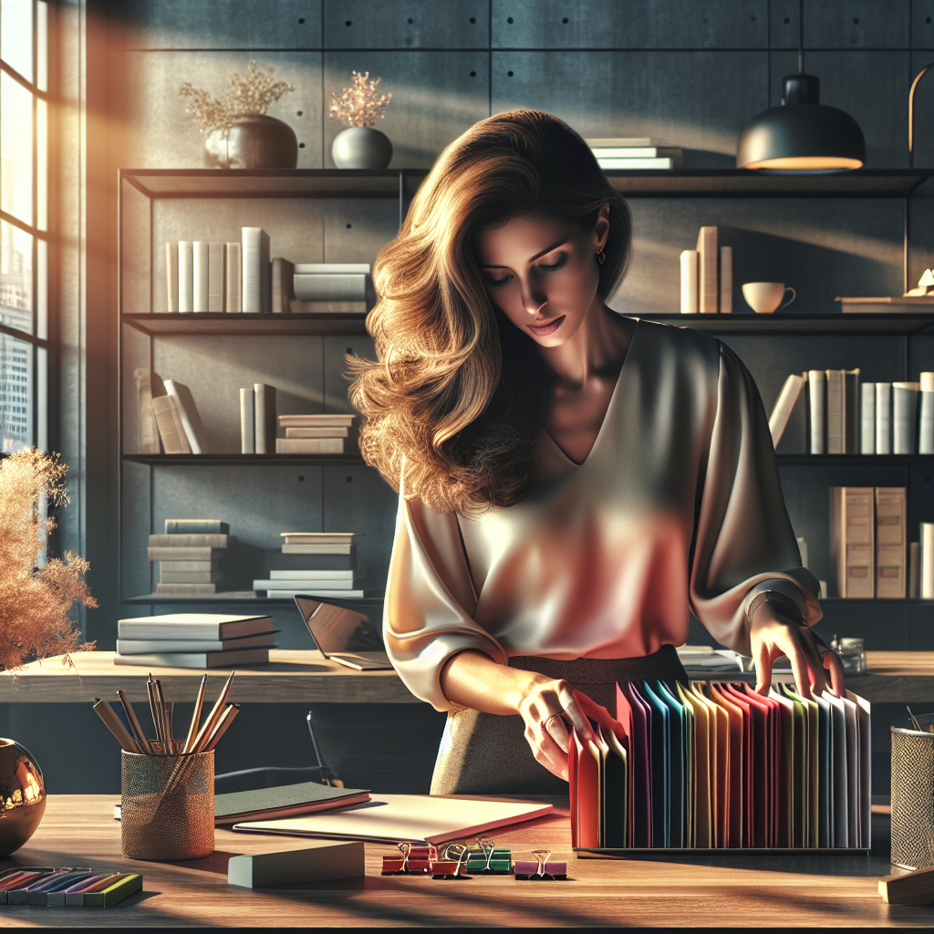 Professional organizer working in a well-arranged office space.