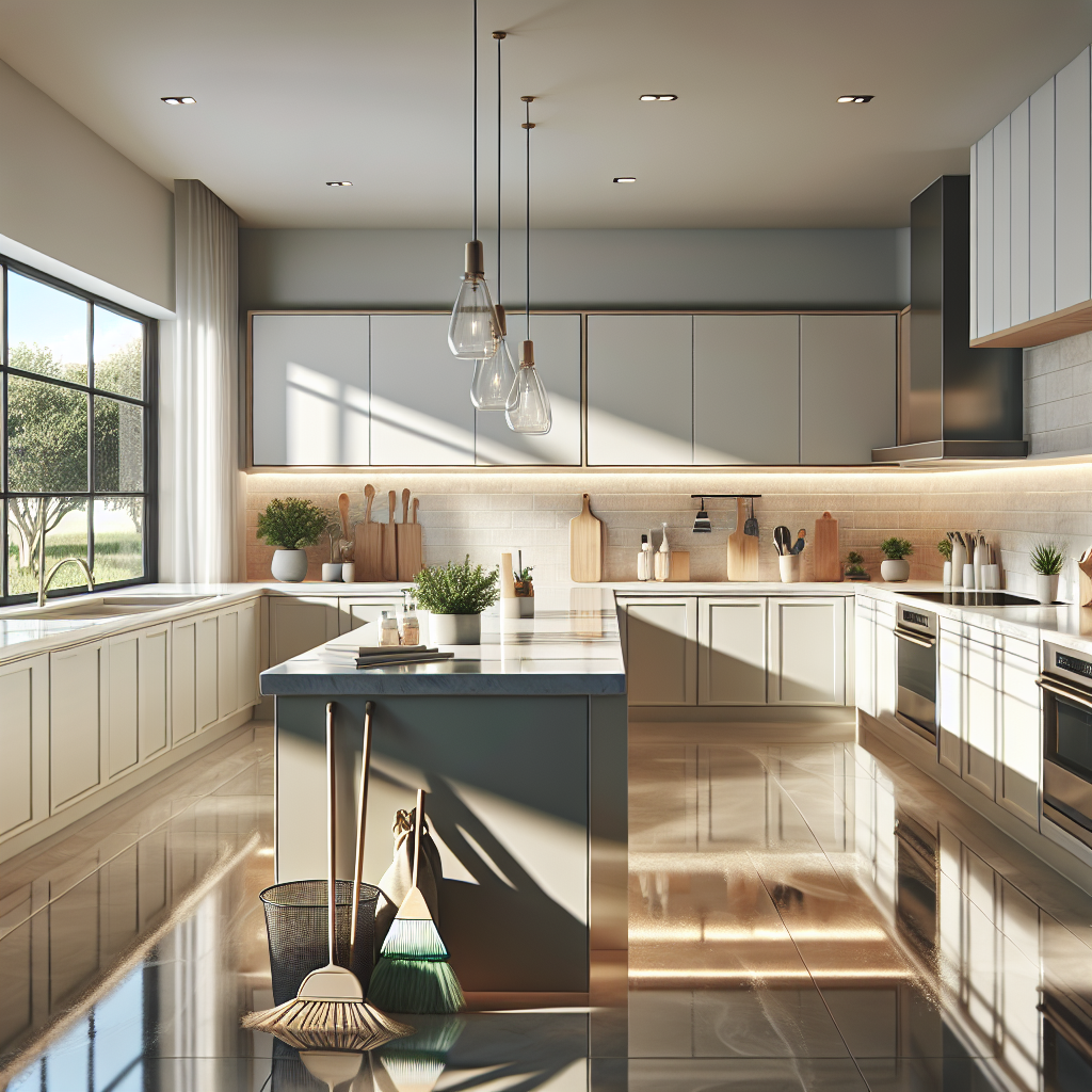 A tidy and spacious suburban kitchen, clean and organized, with eco-friendly cleaning products visible.