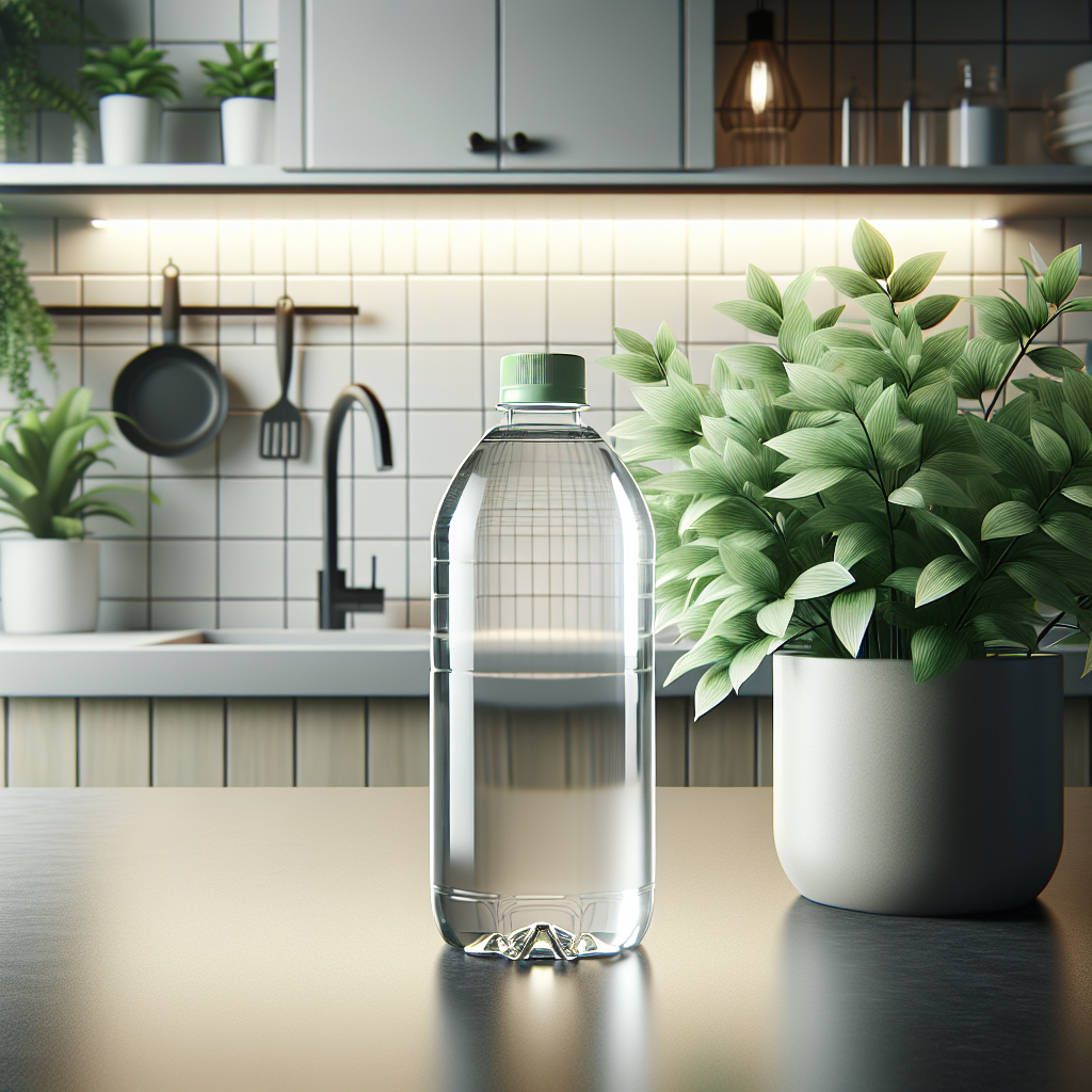 A bottle of Basic H Cleaner on a clean kitchen counter with a nearby plant.