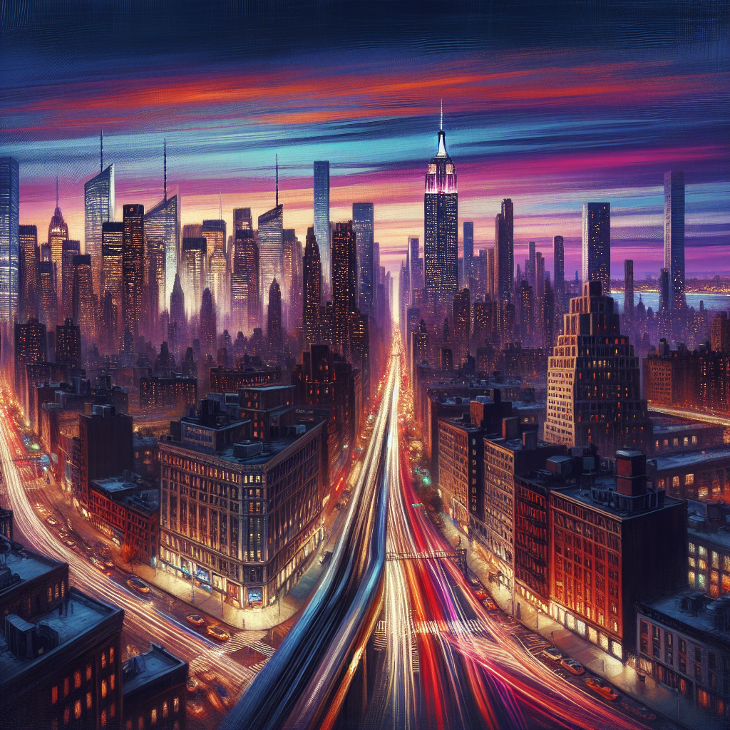 A realistic image of New York City's skyline at dusk, showcasing skyscrapers and the bustling city life.