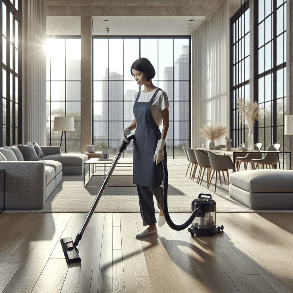 Professional house cleaner vacuuming in a modern living room.