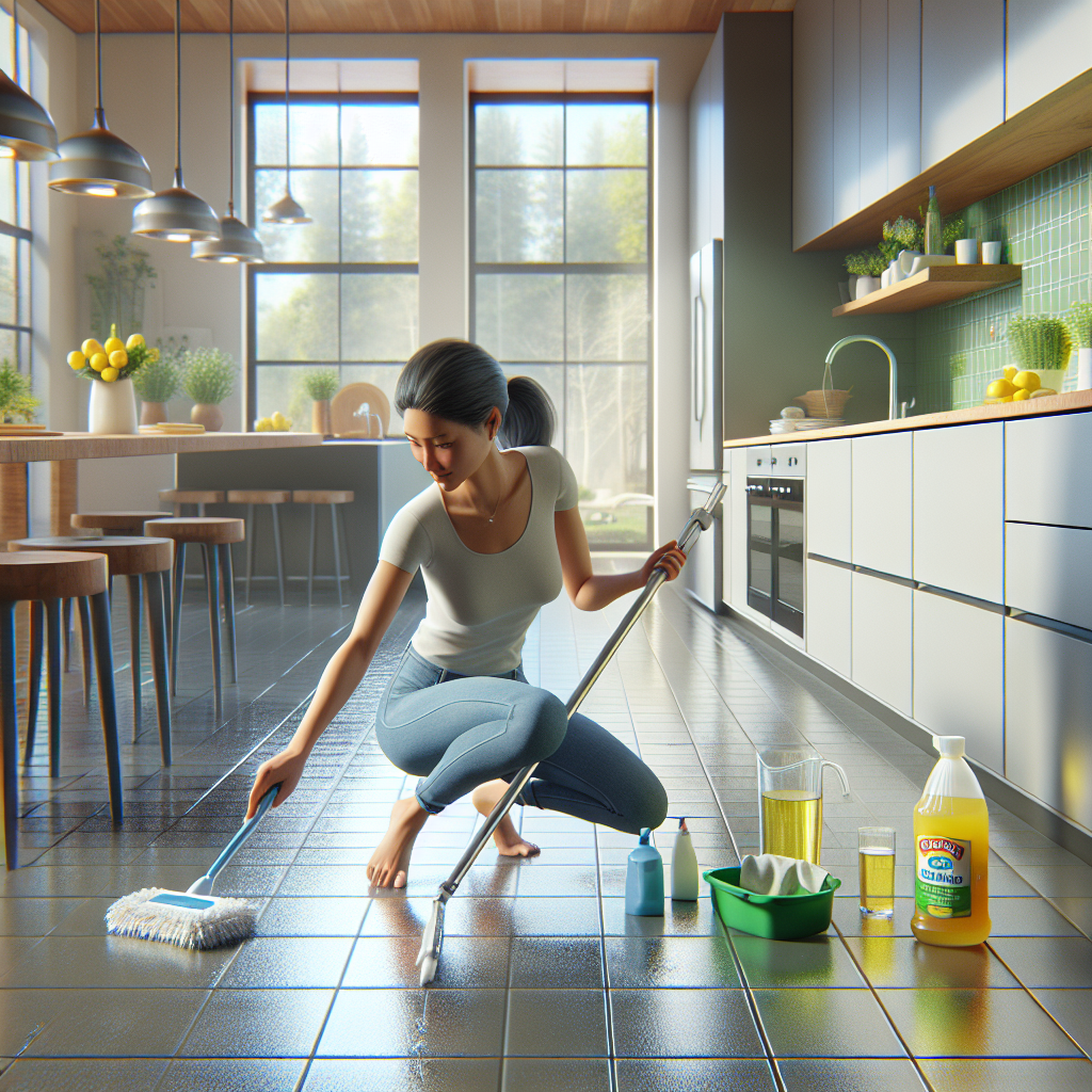 A person deep cleaning a kitchen floor, emphasizing a clean and organized home interior.