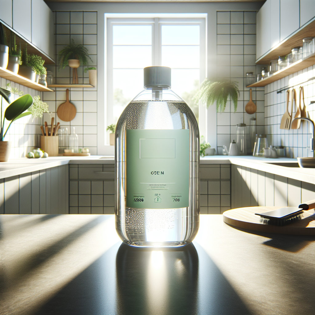 A realistic image of a Basic H Cleaner bottle on a modern kitchen countertop with eco-friendly elements.