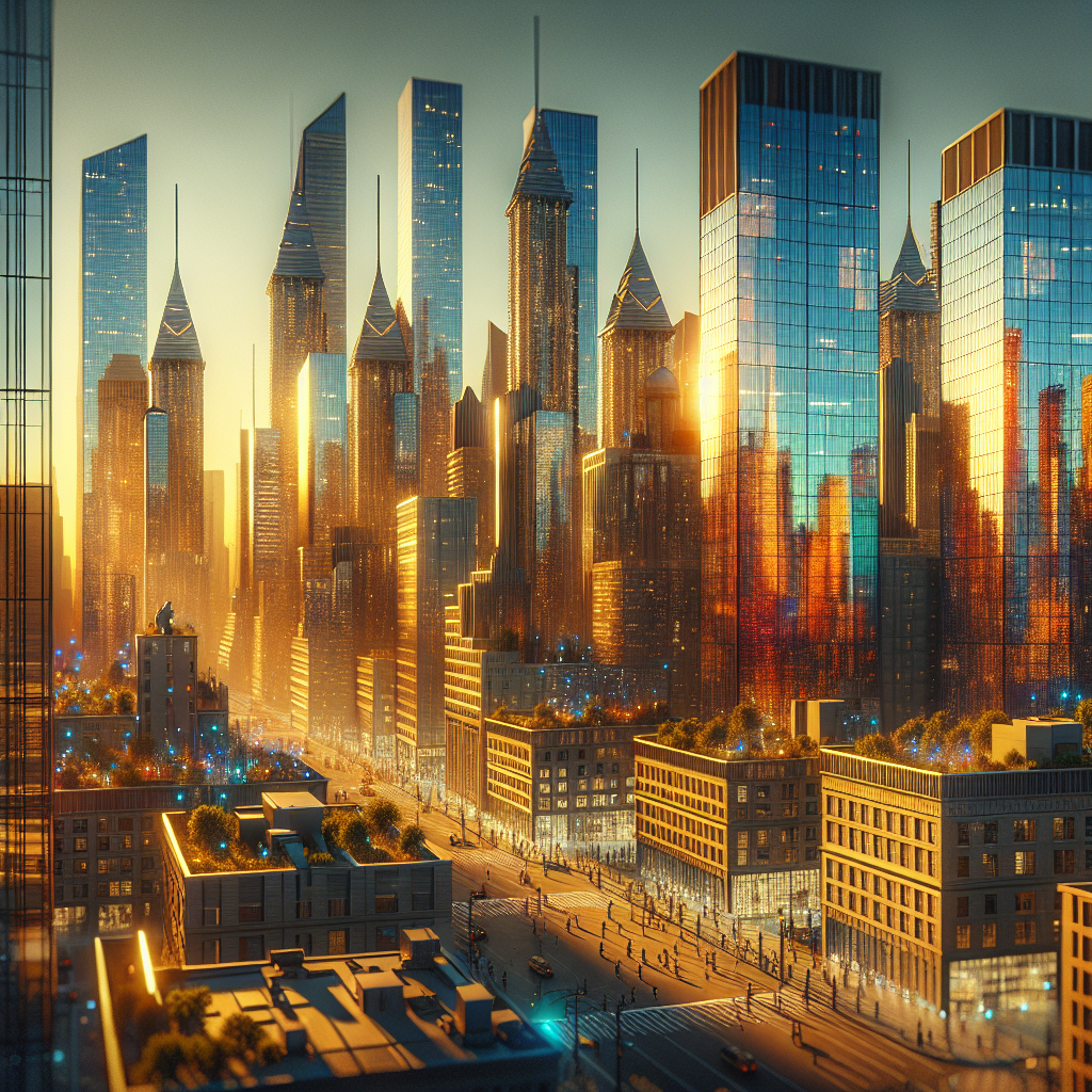 New York City skyline at dusk with skyscrapers and cleaning tools in the periphery.