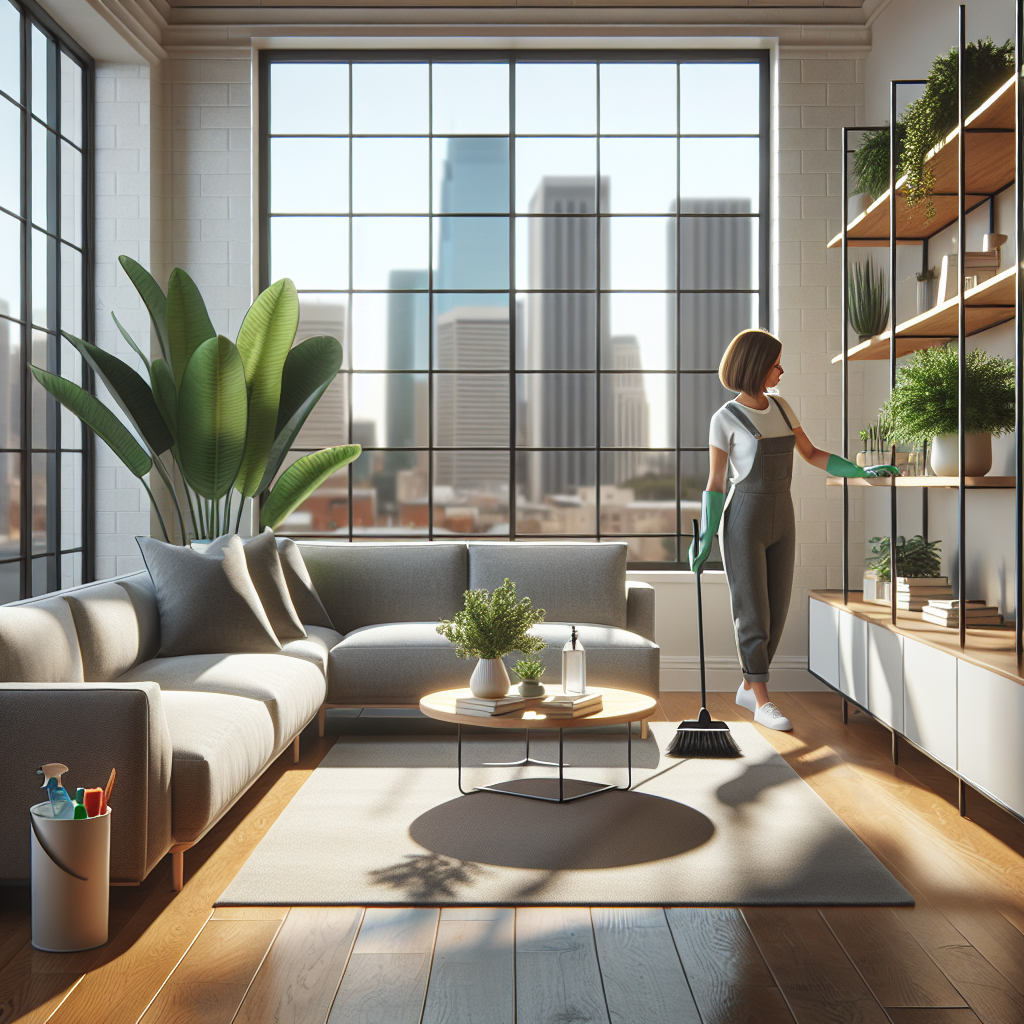 A modern living room in Oklahoma City being cleaned by a professional with eco-friendly products.